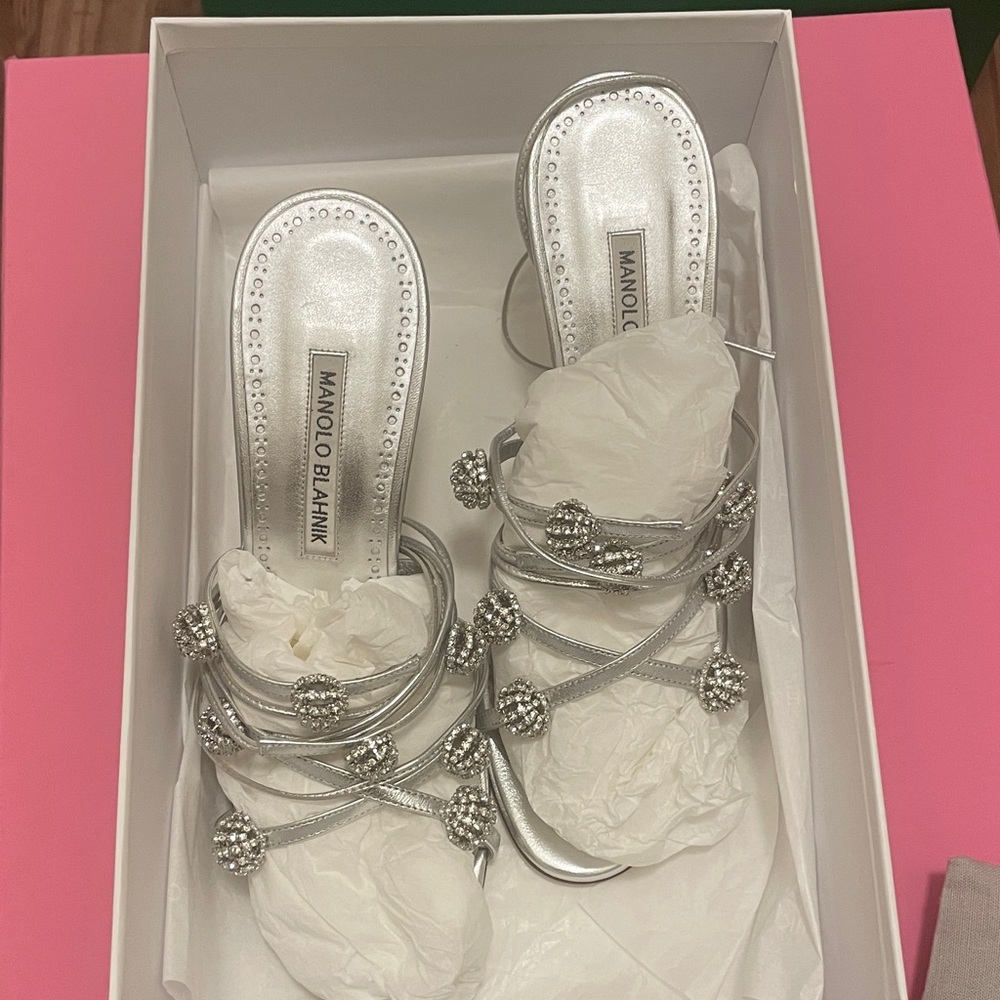 Manolo Blahnik Elsaka Silver Crystal Detailed Heels